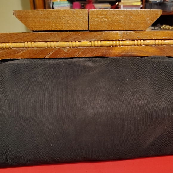 Vtg Black Soft Pouch Wooden Big Clutch Bag - Picture 3 of 10